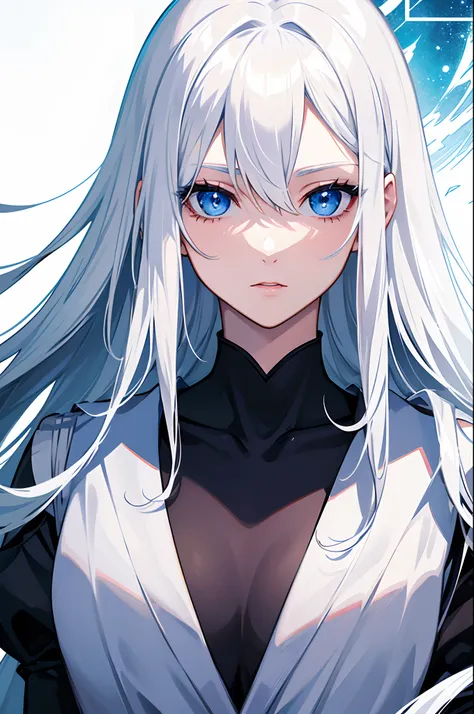 Cover magazine, anime, woman, solo, long hair, white hair, blue eyes, model, beautiful, half body potrait, fantasy, ice