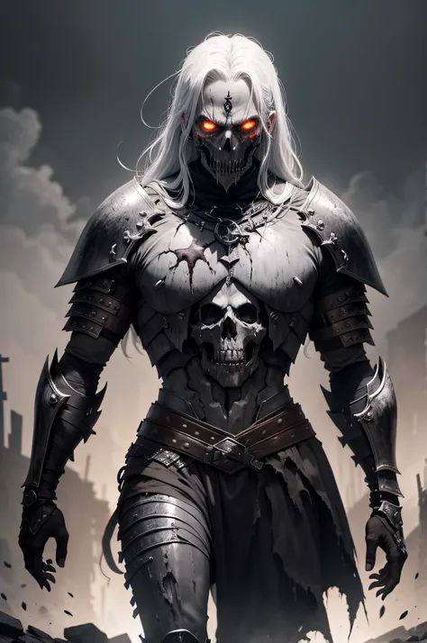 a drawing of a male zombie with torn flesh to reveal human skull, elongated canines, scale mail armor, hollow black eyes, black metal pauldrons, black metal breastplate, gothic background, blood rain, night sky, spear on his back. walking toward camera.