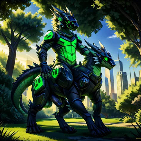 (masterpiece:1.2, best quality:1.2, 2D:1.2, sharp:1.2), (hotify), perfect anatomy, perfect eyes, perfect background, (solo, full body shot), (morning_environment), (park), beautiful shadows and lights, volumetric lights, dragonborn, taur, protogen visor, p...