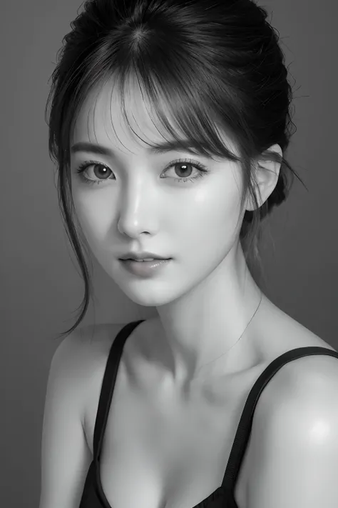 8k wallpaper, top-quality, ​masterpiece, realisitic, Photorealsitic, ultra-detailliert, highly detailed CG unit 8k wallpaper, Model style, RAW photo of a 29-year-old woman, (((Monochrome photography))), 1girl in, ((Facing the front)), Upper body photo, sma...