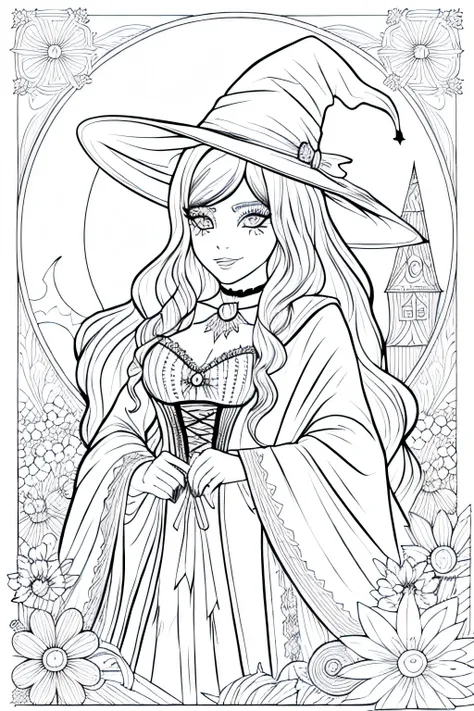 A coloring page with a girl and a cat in a Halloween scene, beautiful witch spooky female, line art colouring page, Retrato de uma jovem bruxa, Bruxa bonita com cabelo longo, black and white coloring, beautiful witch female, coloring book outline, Retrato ...