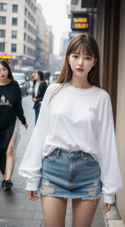 (RAW photo, Best quality), (Realistic, photo-realistic:1.2),High quality, (highdetailskin:1.4), 1girll,standing,mediuml breasts，Wear only oversized T-shirts,There is no Pantis，No underwear,Long legs,In the street