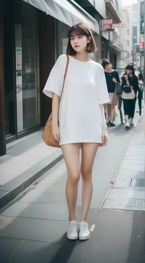 (RAW photo, Best quality), (Realistic, photo-realistic:1.2),High quality, (highdetailskin:1.4), 1girll,standing,mediuml breasts，Wear only oversized T-shirts,There is no Pantis，No underwear,Long legs,In the street