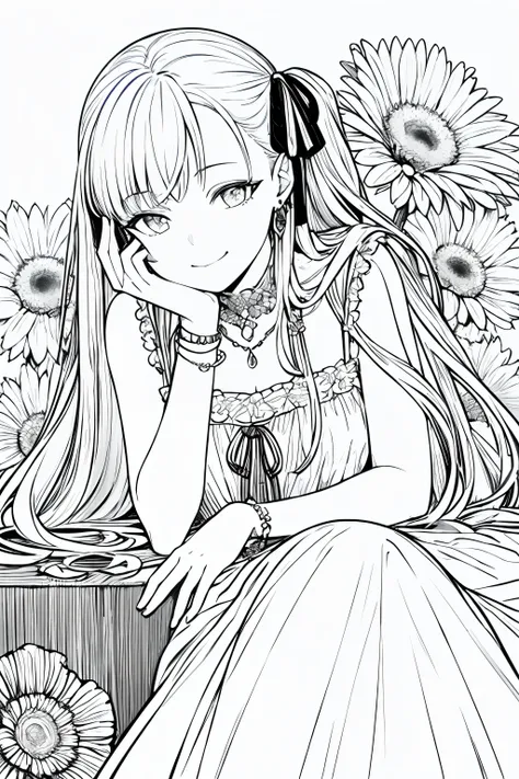 masterpiece, best quality, 1girl, solo, long_hair, looking_at_viewer, smile, dress, ribbon, jewelry, very_long_hair, hair_ribbon, flower, bracelet, two_side_up, hand_on_own_face, head_rest, hand_on_own_cheek, lineart, monochrome,