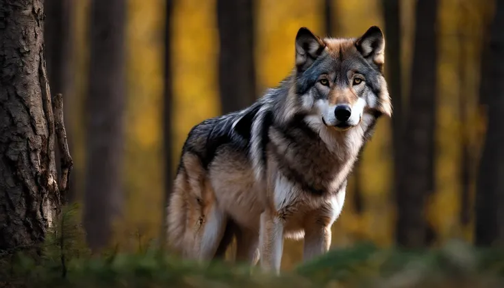 there is a grey wolf standing in the woods next to a tree, a picture inspired by Wolf Huber, unsplash, conceptual art, photo of wolf, wolves and their treasures, wolf companion, looking majestic in forest, great wolf, wolf, lone wolf, still from a nature d...