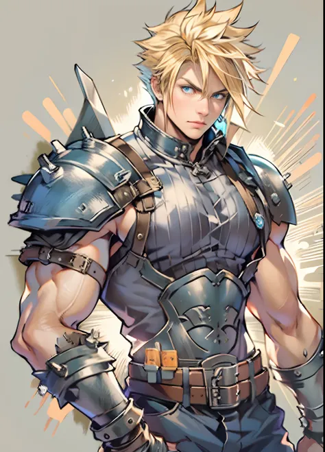 hungry clicker,  sketch, cloud strife, 1boy, armor, blonde hair, blue eyes, closed mouth, earrings, fusion swords, high collar, jewelry, looking at viewer, male focus, masculine body, Muscular body, Imposing body, Imposing appearance, muscular arms, muscul...