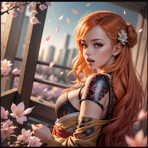 masterpiece, (photorealistic:1.5), best quality, beautiful lighting, real life, 
nami (one piece),
1girl, architecture, cherry blossoms, east asian architecture, falling petals, gold, japanese clothes, kimono, log pose, long hair, looking at viewer, open m...