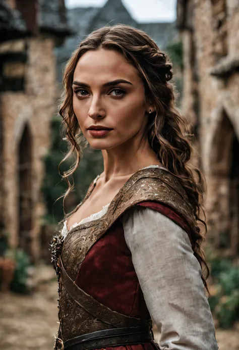 ((Medium Full Shot)) Professional Photo of gorgeous female photo model [Gal Gadot : Maude Adams : 0.4], detailed face, detailed hair, donning a medieval dress, cinematic medieval village background, sharp focus, Thomas Ruppel style