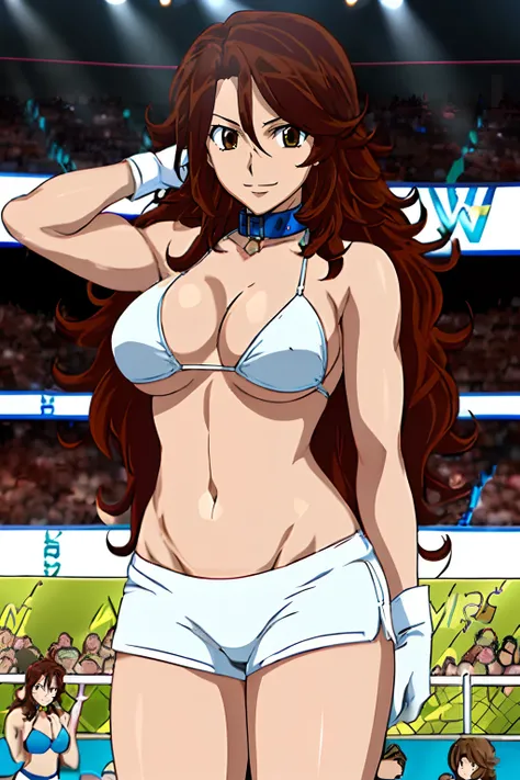 (wwe diva), body view, anime style: 1.8, anime drawing, ultra detailed face, ultra detailed body, 4k, Sumergai Lee Noriega, (standing), best quality, anime style, hires, highest definition, digital blending, bold drawing lines, ((wwe diva), (location: wres...