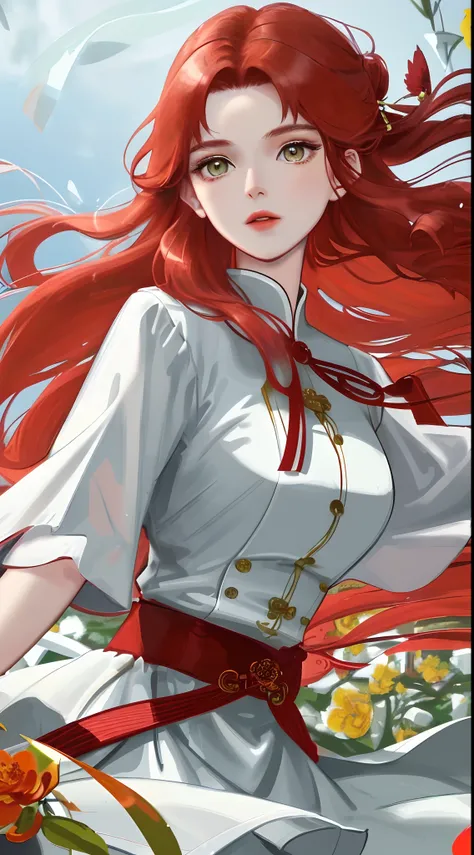 girl，Red wavy hair，Flame hair ornaments，with a round face，Redlip，white skinned，Danfeng Eyes，Delicate facial features，White color blouse，火焰，brightly colored，frontage，brightly，green trees，yellowflower，Blue ocean，Big wind，Hyper-Resolution，accuracy，detail rend...