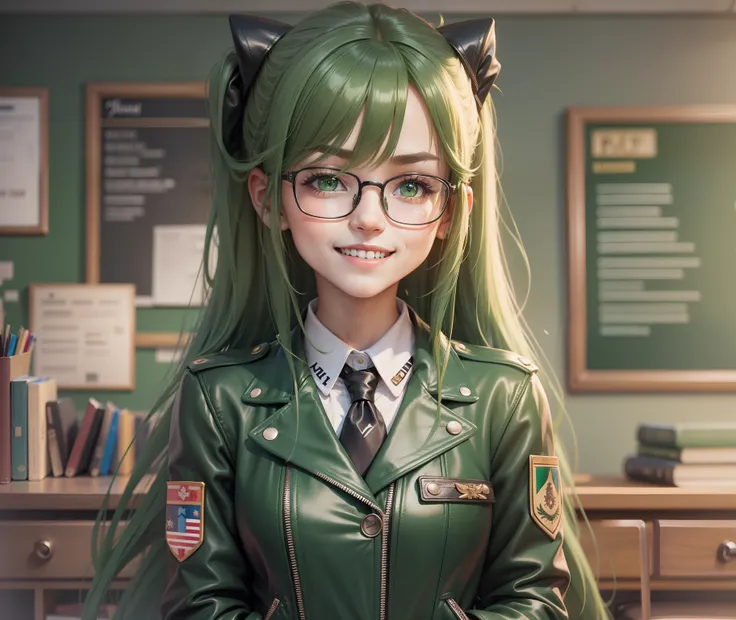 Date Glasses Leather Jacket Girl Green Hair Long Hair Smile Uniform School Tail