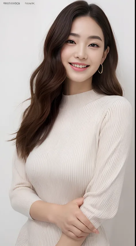 ((Top  Quality, 8K, ​masterpiece: 1.3)), 1woman, 20yo, Korean female idols:1.5, Slender abs beauty: 1.3, (Hairstyle casual, large full breasts: 1.3), The dress: 1.1, Ultra-fine face, A detailed eye, Double eyelidd, Sorrisos, groove, Photo of two arms