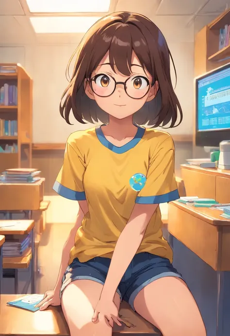 Nobita Nobi　Yellow T-shirt　Short pants　‎Classroom　eye glass　Pupils　slovenly　年轻　Naughty Poses　cute little　tits out　friendly