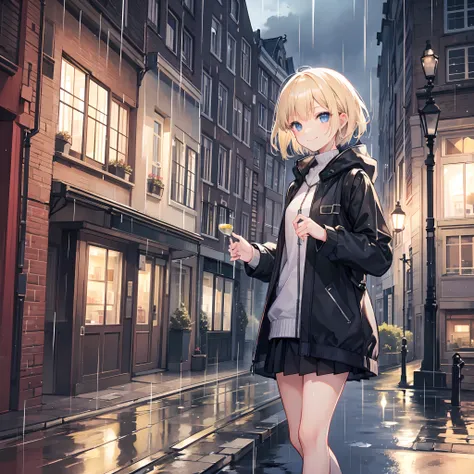 1 girl, smiling, european, rain coat, skirt, (small) chillerism, short blonde hair, Amsterdam