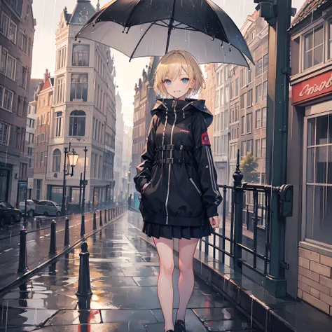 1 girl, smiling, european, rain coat, skirt, (small) chillerism, short blonde hair, Amsterdam