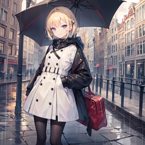 1 girl, smiling, european, rain coat, skirt, (small) chillerism, short blonde hair, Amsterdam