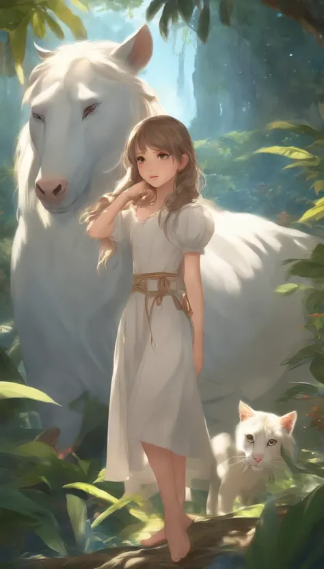 A pretty young girl, playing with many animals, in dreaming, in magical jungle, clean and detailed anime face, High resolution anime eyes, five fingers, textile shading, perfect human structure, perfect anatomy