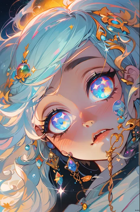 Close-up of a woman with colorful hair and necklace, anime girl with cosmic hair, Rossdraws soft vibrancy, Gouviz-style artwork, fantasy art style, colorful], vibrant fantasy style, Rossdraws cartoon full of energy, cosmic and colorful, Guweiz, colorful di...