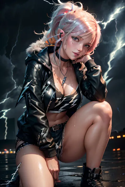 (Lightning illuminating the dark sky:1.7),Stormy night, (Rain pouring down on a tomboy:1.3), creating a dramatic and moody atmosphere. Drenched tomboy,piercings,Punk rock fashion,Open jacket with chain,Punk rock shirts,Punk rock pants with chain,Chain Acce...