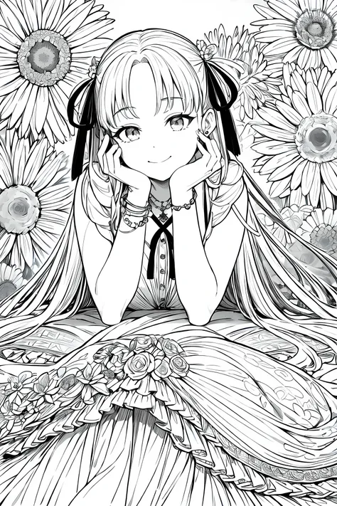 masterpiece, best quality, 1girl, solo, long_hair, looking_at_viewer, smile, dress, ribbon, jewelry, very_long_hair, hair_ribbon, flower, bracelet, two_side_up, hand_on_own_face, head_rest, hand_on_own_cheek, lineart, monochrome,