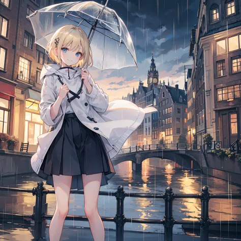 1 girl, smiling, european, rain coat, skirt, (small) chillerism, short blonde hair, Amsterdam