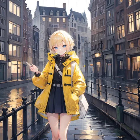 1 girl, smiling, european, rain coat, skirt, (small) chillerism, short blonde hair, Amsterdam