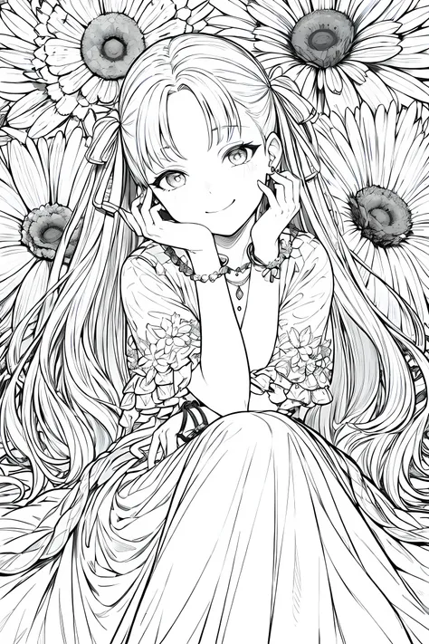 masterpiece, best quality, 1girl, solo, long_hair, looking_at_viewer, smile, dress, ribbon, jewelry, very_long_hair, hair_ribbon, flower, bracelet, two_side_up, hand_on_own_face, head_rest, hand_on_own_cheek, lineart, monochrome,