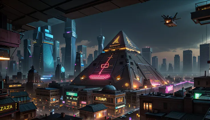 giza pyramid, old pyramid, surrounded by cyberpunk city, futuristic, neon lights, dystopian, high-tech cityscape, flying vehicle...