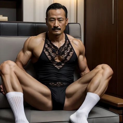 45 yers old，Hidetoshi Nakata ，（Kogoro Mouri 1.3），A muscular man sitting，leg wide open，Crotch contour，Wear lace lingerie，with mustache，tmasterpiece，k hd，black long socks，the feet，Business suit，white colors