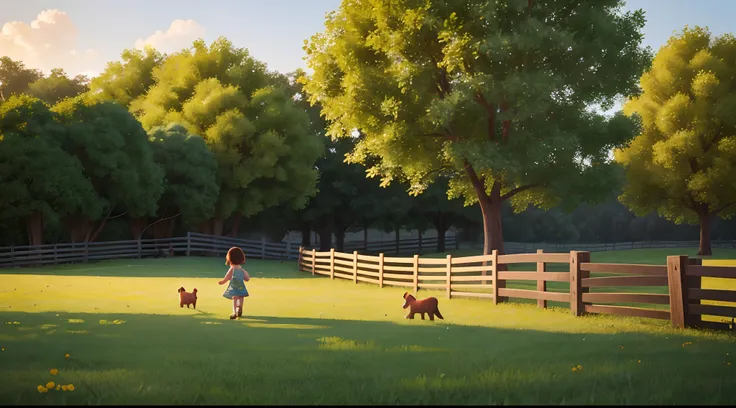 playful scene of a 4-year-old girl walking on a farm, cute animals, wooden fence, colorful trees, colorful plants, minimalist image, cinematic lighting, high definition, Disney 3D drawing style.