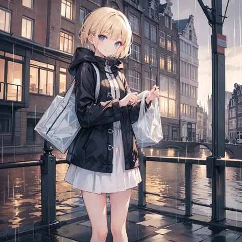 1 girl, smiling, european, rain coat, skirt, (small) chillerism, short blonde hair, Amsterdam