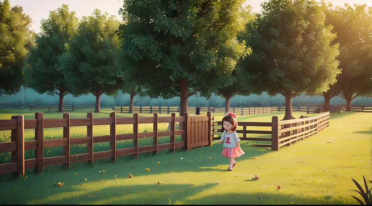 playful scene of a 4-year-old girl walking on a farm, cute animals, wooden fence, colorful trees, colorful plants, minimalist image, cinematic lighting, high definition, Disney 3D drawing style.