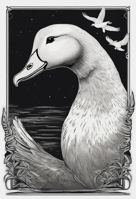 /imagine prompt: House goose illustration with black background sticker,White goose Bold outline style, Jagged edges, Trash core, Light Shadow --V 5.2