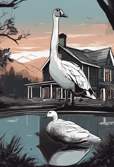 /imagine prompt: House goose illustration with black background sticker,White goose Bold outline style, Jagged edges, Trash core, Light Shadow --V 5.2