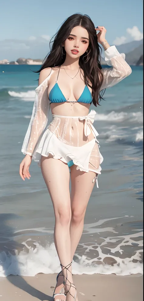 Araffes con un vestido blanco en la playa con un bikini azul, en la playa, en la playa, en una playa, en la playa, en una playa soleada, en una playa, posando en la playa, foto de playa, en la playa, Medio rosa, posing on a beach with the ocean, Soleado Le...