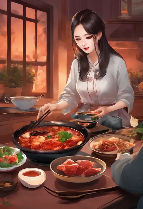 A girl is eating hot pot，Her husband plays games in front of the computer，Its evening