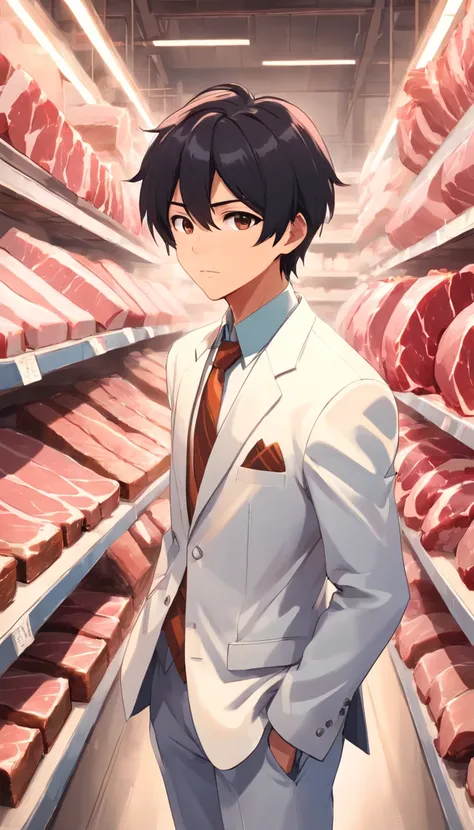 There is a handsome boy with a super detailed face, white suit, short black hair, super detailed characters, in the warehouse, which is piled up with meat, meat, fresh meat, highly real, 4K, chiaroscuro, super high detail