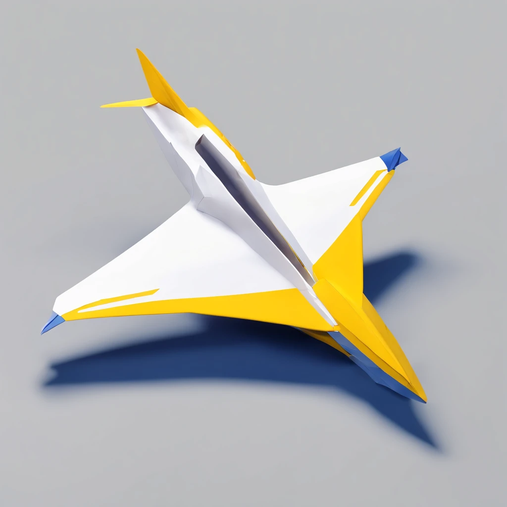 (a jet paper plane floating in the air, white background), yellow color, grey color, navy-blue color, white color, simple lightning & shadow, top-side view