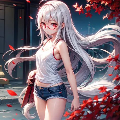 Anime, cute girl, japanese, petite, long white hair, ruby red eyes, kaguya, glasses, tank top, denim shots, single person, park