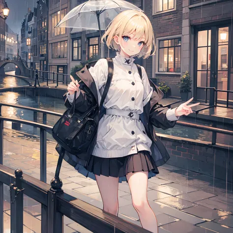 1 girl, smiling, european, rain coat, skirt, (small) chillerism, short blonde hair, Amsterdam