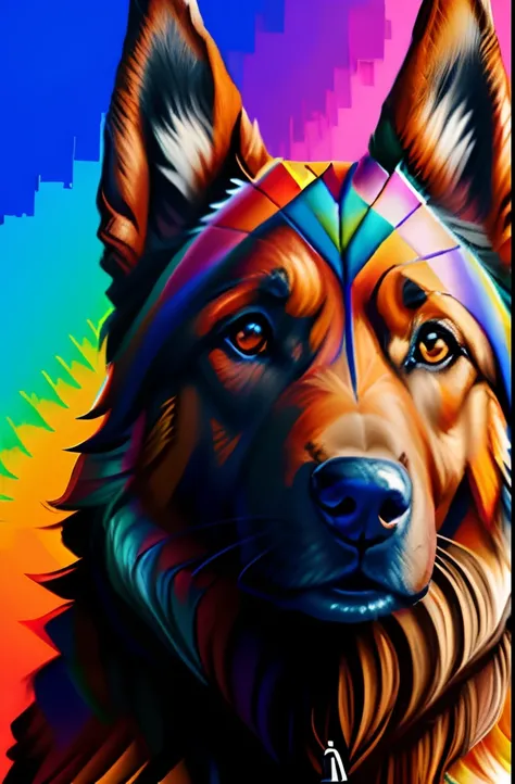 (Brown German Shepherd Dog ),(feliz)),(2orelha)),  Eduardo Kobra acolchoamento ,parede PORTRAIT  multidimensional, arte, chibi, yang08k, linda, colorido, obras-primas, qualidade superior, melhor qualidade, arte oficial, beautiful and aesthetic,