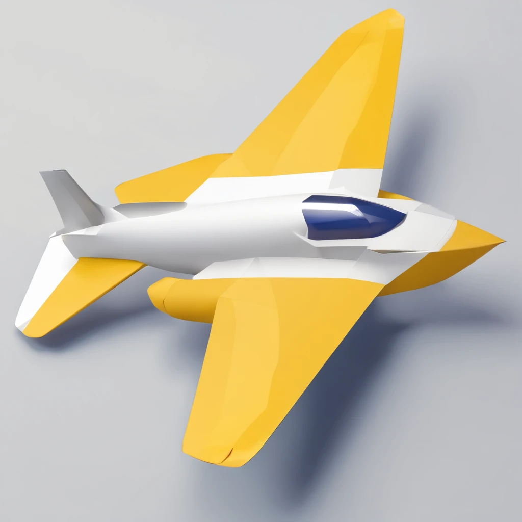 (a jet paper plane floating in the air, white background), yellow color, grey color, navy-blue color, white color, simple lightning & shadow, good camera angle