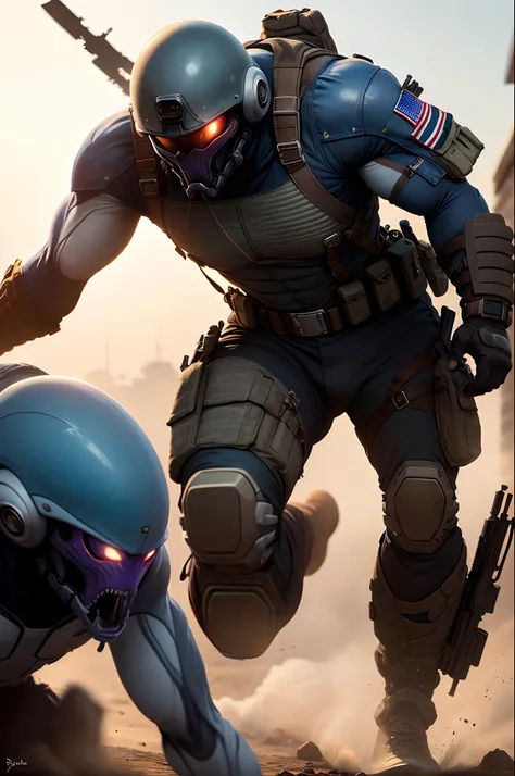 American soldier fighting an alien assassin