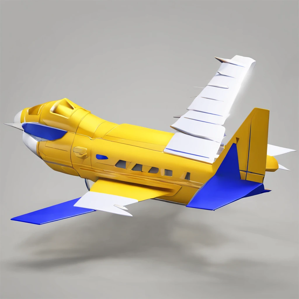 (a jet paper plane flying in the air, white background), yellow color, grey color, navy-blue color, white color, simple lightning, good camera angle