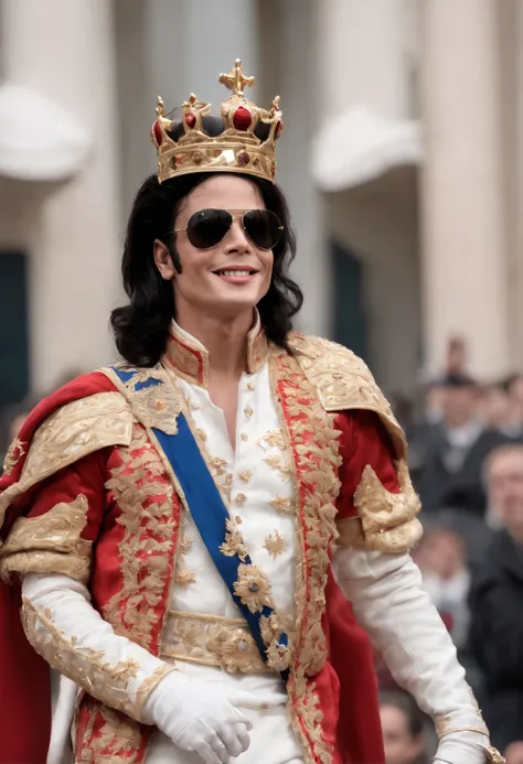 AN ANGEL MICHAEL JACKSON WEARING A ROYAL CROWN AND HIS SUNGLASSES AND HES SMILING, ARTE DIGITAL.