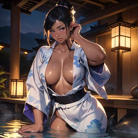 there is woman that is in onsen,(((A MILF: 1.4))), (Curvy:1.35),(((Dark skin))),Curvy physique,, Thick body，((big nipple)),((Completely naked)), (((pinching nipple in yukata))),((spilled milk)),(sexy pose),((pubic hair)), high-end onsen, Onsen, sakimichan,...