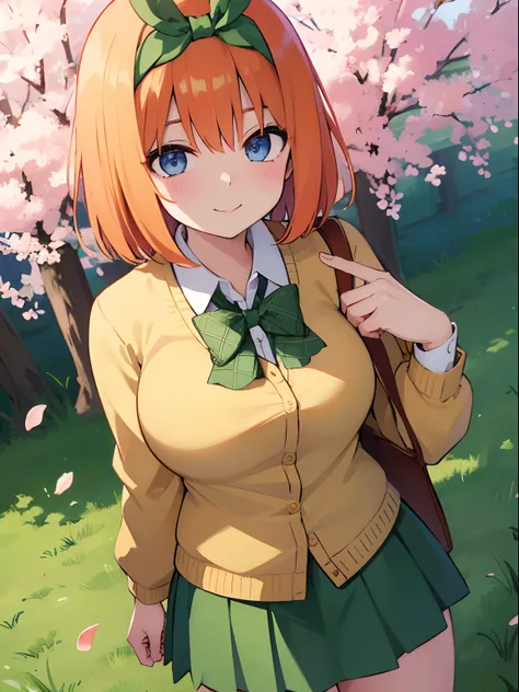 Nakano Yotsuba(The Bride of Fifths)、1girl, ​masterpiece、top-quality、NSFW, {{{vagina}}}, Marine blue eyes、orange hair, green hair bow, yellow sweater, black blazer, green skirt, cherry trees、a smile、low angle, is standing、