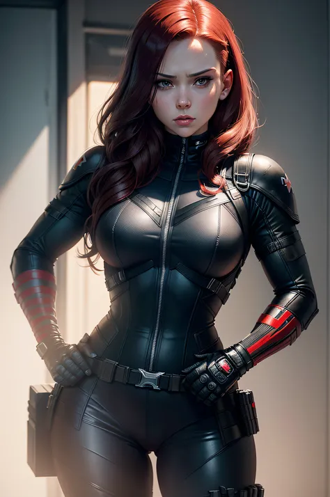 A girl portraying the characters of Punisher and Black Widow from marvel comics in a hyper-realistic masterpiece. With perfect hands and a face detailed beyond recognition, the award-winning artwork is rendered with sharp precision. The 8k resolution showc...