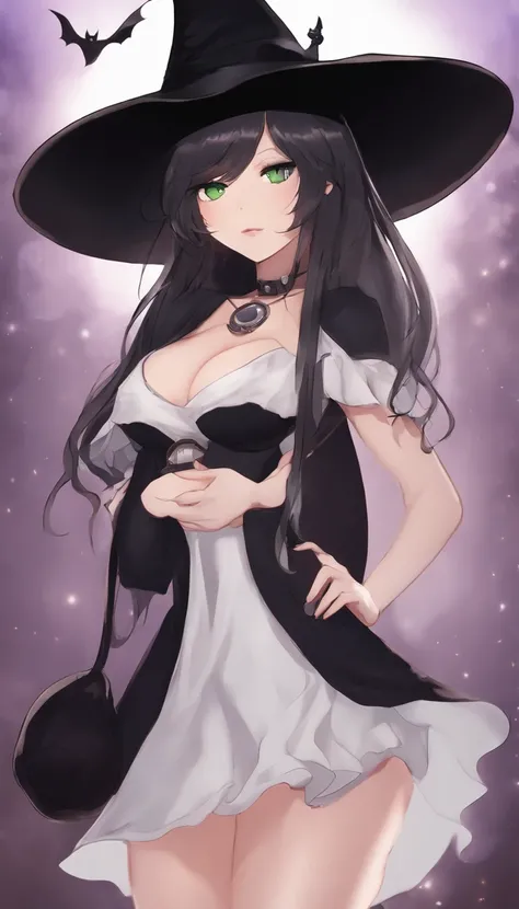 Curvaceous,1 very young girl,full body view,dressed as a witch,tall witch hat,thigh_highs,mini_skirt,large_hips,spooky,ghosts, Halloween, gigantic_breasts,cleavage cutout,blushing,ahegao_face,black-hair,green-eyes,heart-shaped_pupils,long_hair,tiny-waist,H...