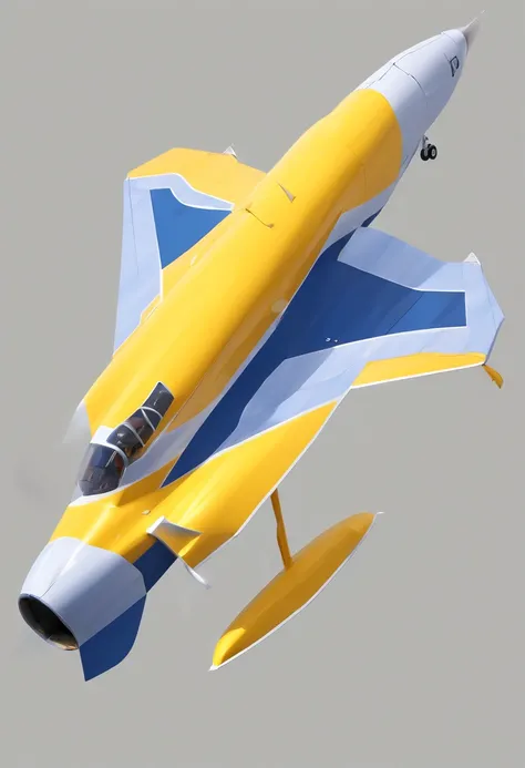 (a jet plane flying in the air, white background), yellow color, grey color, navy-blue color, white color, simple lightning, good camera angle, detailed shape, low-poly render